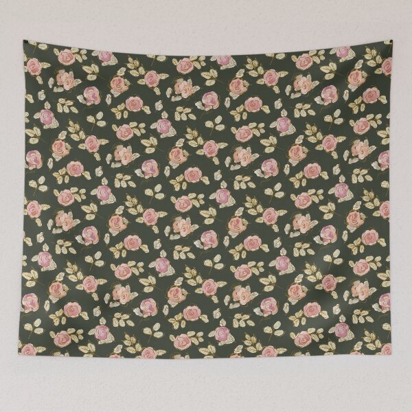Item preview, Boho style roses pattern on dark green background, watercolour and sumi-e roses designed and sold by RoseMaryWP.