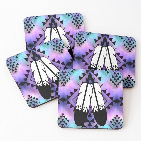 Item preview, Aqua / Pale Pink / Purple Gradient / Black Double Feather Native Print designed and sold by JMWCD.