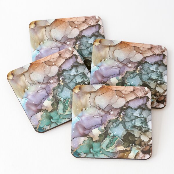 Item preview, Mountain - alcohol ink artwork with greens, browns, orange, lilac, gold designed and sold by NessaLovell.