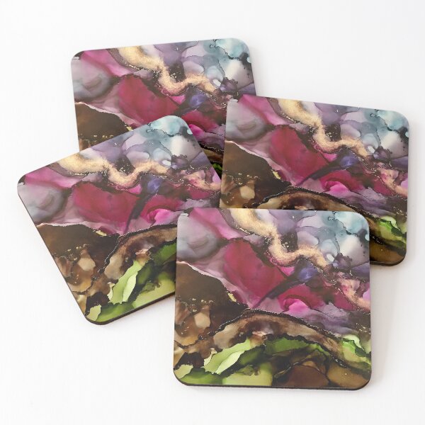 Item preview, Distant Mountains - alcohol ink artwork with brown, magenta, green, gold and blue. designed and sold by NessaLovell.