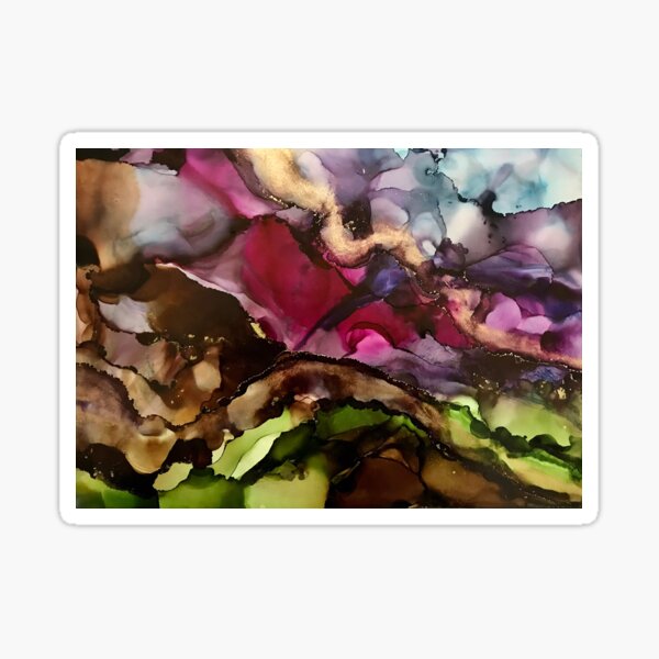 Distant Mountains - alcohol ink artwork with brown, magenta, green, gold and blue. Sticker