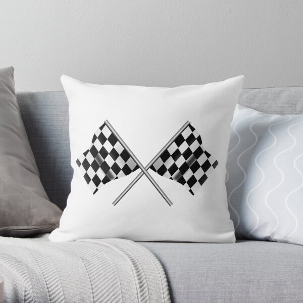 RACE. Checkered Flag. Crossed, WIN, WINNER, Chequered Flag, Racing Cars, Race, Finish line, on WHITE. Throw Pillow