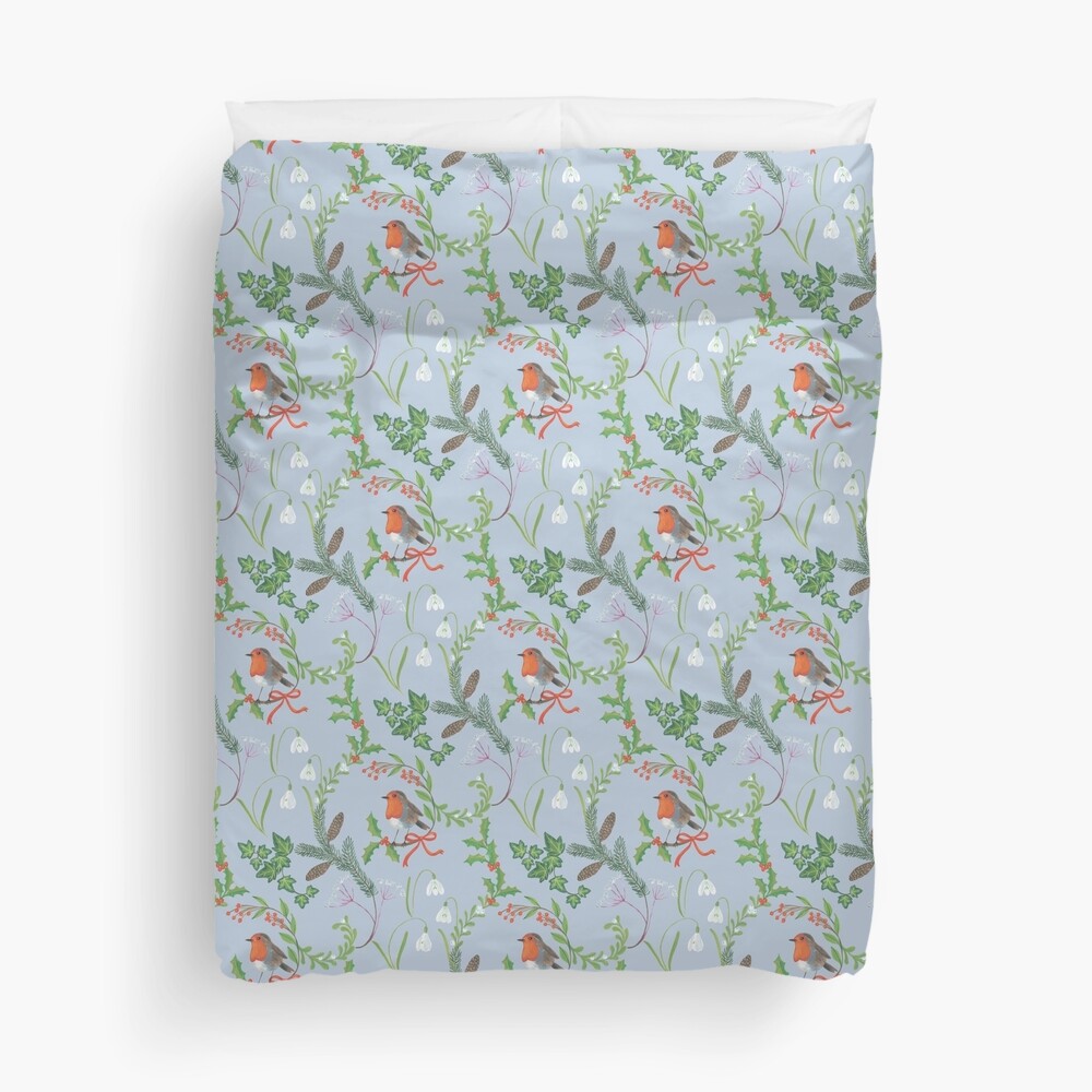 Christmas Chintz with Robin - Traditional chintz by Cecca Designs Duvet Cover