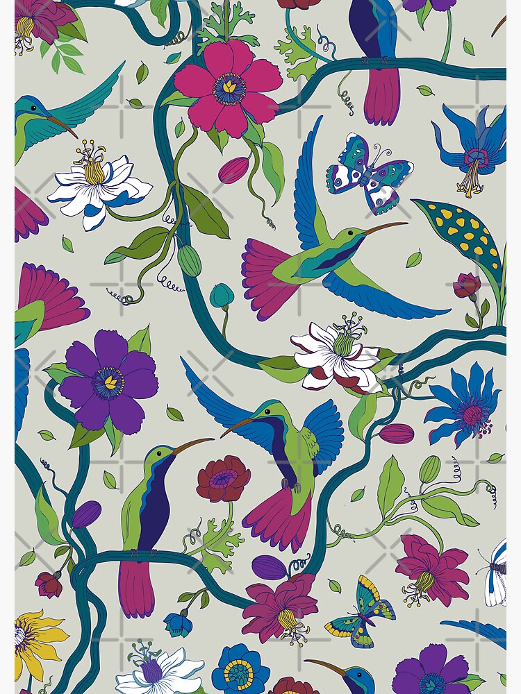 Hummingbirds and Passion flowers - on grey - pretty floral bird pattern by Cecca Designs by Cecca-Designs
