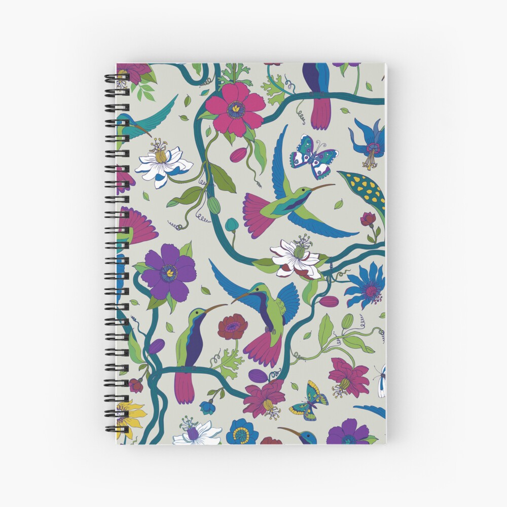 Hummingbirds and Passion flowers - on grey - pretty floral bird pattern by Cecca Designs Spiral Notebook