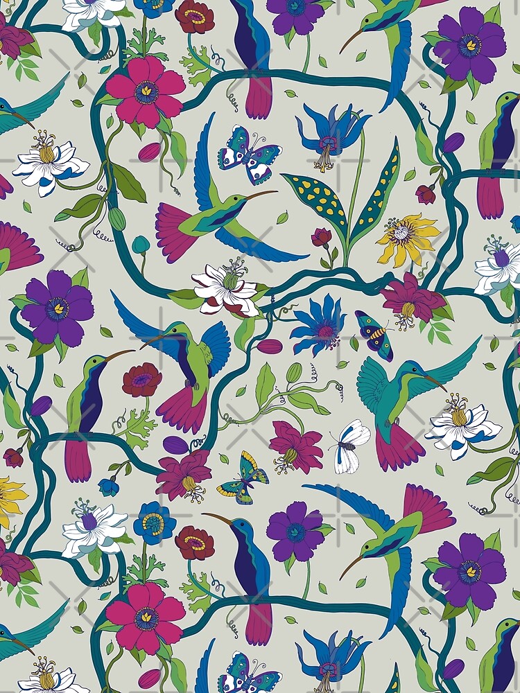 Thumbnail 5 of 5, Graphic T-Shirt, Hummingbirds and Passion flowers - on grey - pretty floral bird pattern by Cecca Designs designed and sold by Cecca-Designs.