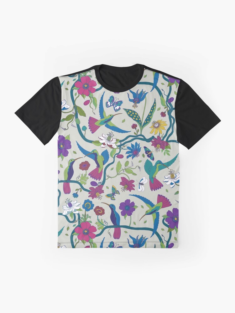 Thumbnail 4 of 5, Graphic T-Shirt, Hummingbirds and Passion flowers - on grey - pretty floral bird pattern by Cecca Designs designed and sold by Cecca-Designs.