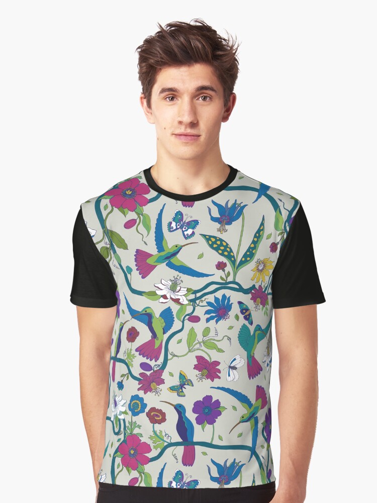 Thumbnail 1 of 5, Graphic T-Shirt, Hummingbirds and Passion flowers - on grey - pretty floral bird pattern by Cecca Designs designed and sold by Cecca-Designs.