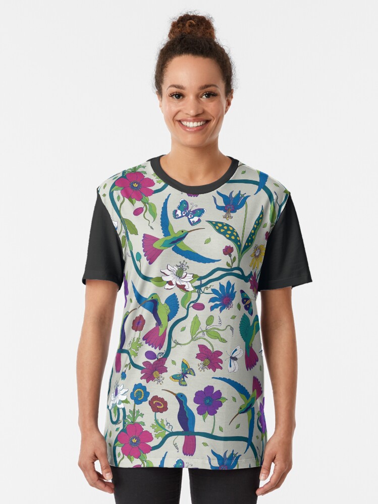 Thumbnail 2 of 5, Graphic T-Shirt, Hummingbirds and Passion flowers - on grey - pretty floral bird pattern by Cecca Designs designed and sold by Cecca-Designs.