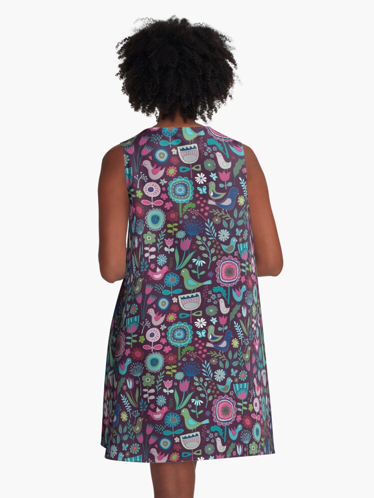 Thumbnail 3 of 4, A-Line Dress, Birds and Blooms - blueberry - pretty floral bird pattern by Cecca Designs designed and sold by Cecca-Designs.