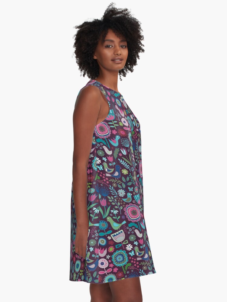 Thumbnail 2 of 4, A-Line Dress, Birds and Blooms - blueberry - pretty floral bird pattern by Cecca Designs designed and sold by Cecca-Designs.