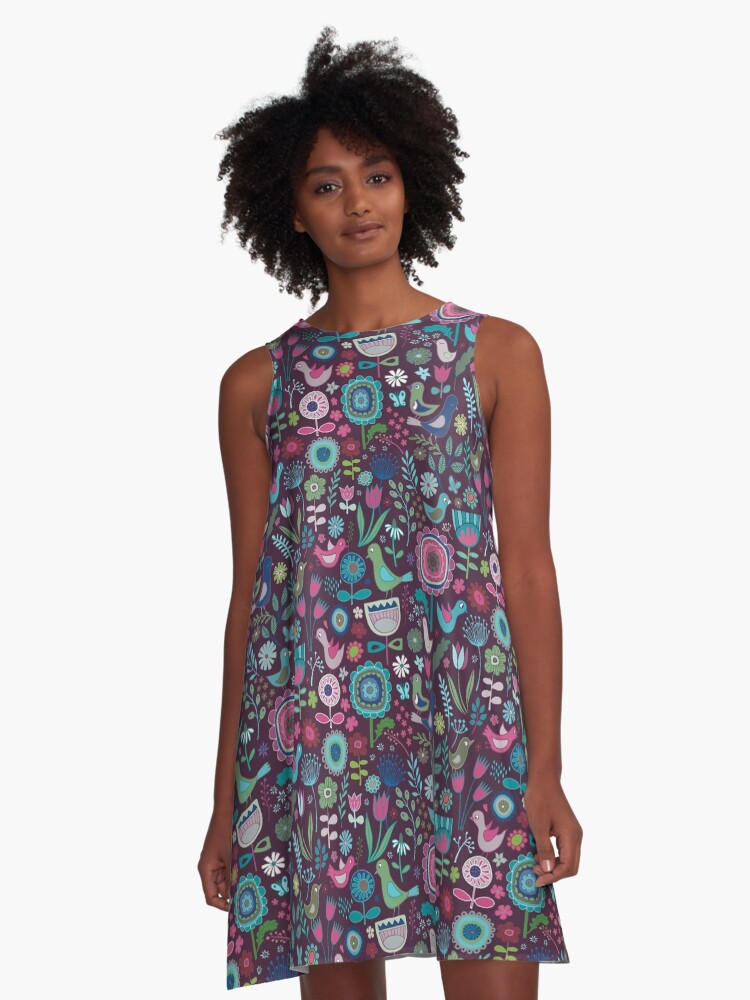 Thumbnail 1 of 4, A-Line Dress, Birds and Blooms - blueberry - pretty floral bird pattern by Cecca Designs designed and sold by Cecca-Designs.