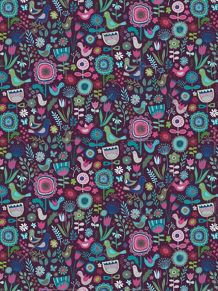 Thumbnail 4 of 4, A-Line Dress, Birds and Blooms - blueberry - pretty floral bird pattern by Cecca Designs designed and sold by Cecca-Designs.