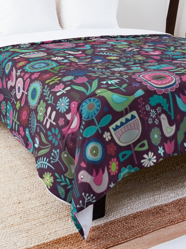 Alternate view of Birds and Blooms - blueberry - pretty floral bird pattern by Cecca Designs Comforter