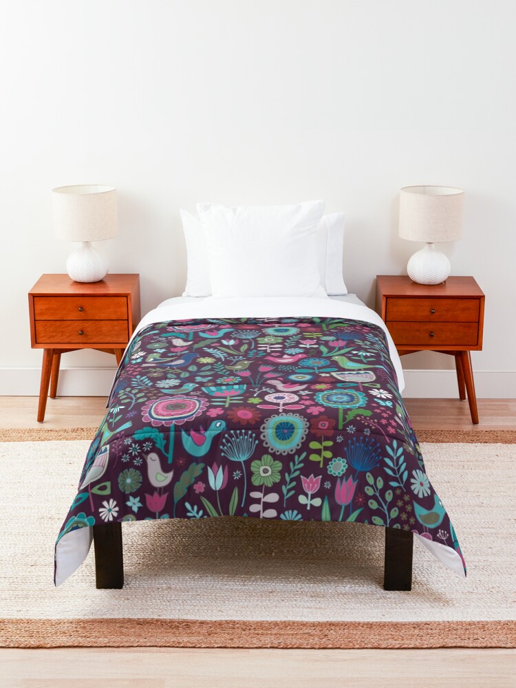 Alternate view of Birds and Blooms - blueberry - pretty floral bird pattern by Cecca Designs Comforter