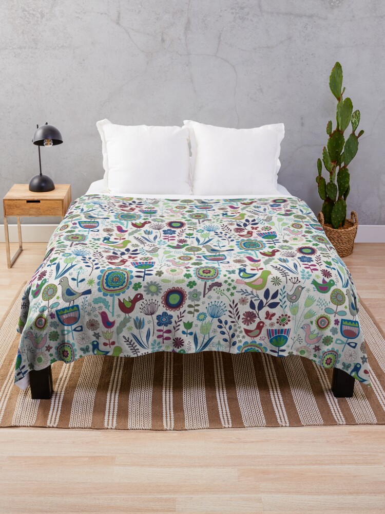 Thumbnail 1 of 6, Throw Blanket, Birds and Blooms - Iznik - Pretty Floral Bird Pattern by Cecca Designs designed and sold by Cecca-Designs.