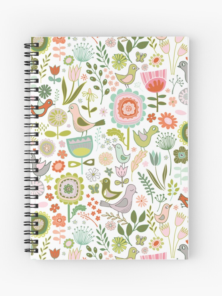 Thumbnail 1 of 3, Spiral Notebook, Birds and Blooms - Springtime - Pretty Floral Bird Pattern by Cecca Designs designed and sold by Cecca-Designs.