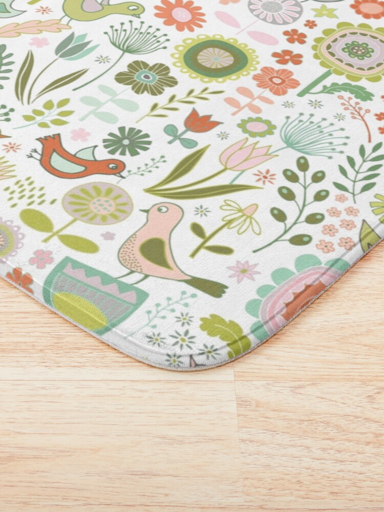 Thumbnail 3 of 6, Bath Mat, Birds and Blooms - Springtime - Pretty Floral Bird Pattern by Cecca Designs designed and sold by Cecca-Designs.