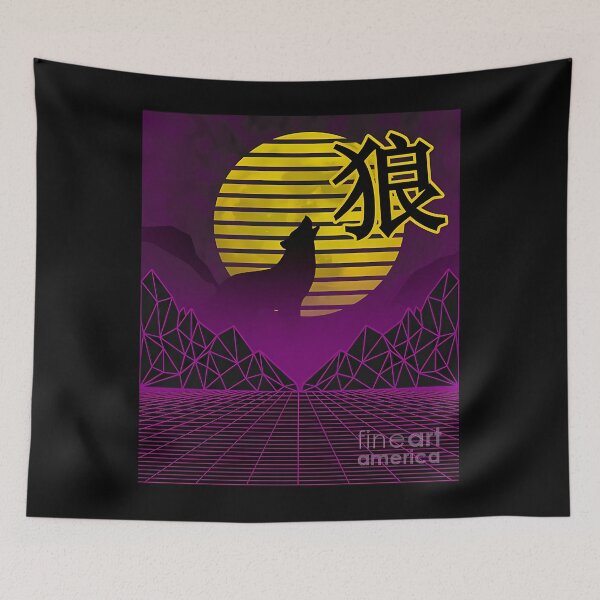 Item preview, vaporwave cyberpunk wolf howling at the moon with kanji text print dc designs suamaceir designed and sold by bilacimaiyep.