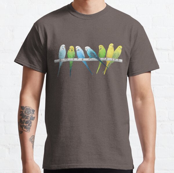 Rows of Budgies pet birds sitting on a perch a on white background Classic T-Shirt
