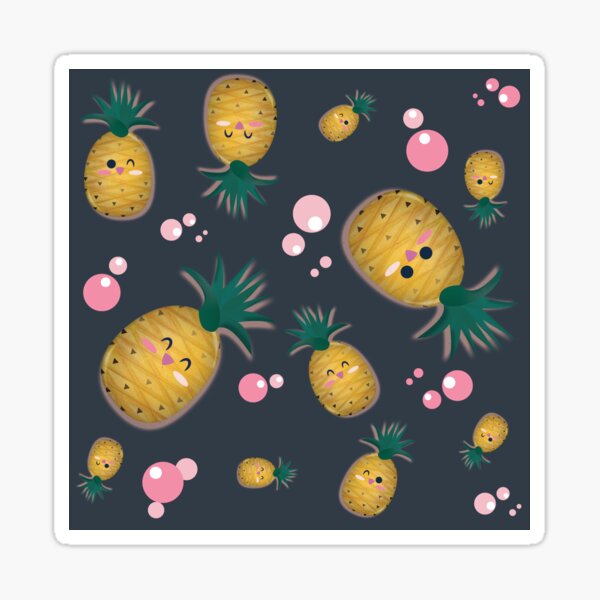 "Kawaii Pineapples & Pink Bubbles Seamless Pattern on Dark" Sticker for