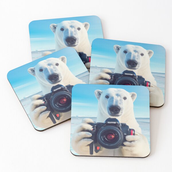 Item preview, Polar bear on the beach holding a camera AI art designed and sold by yeshayad.