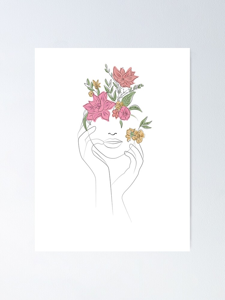 Woman with Flowers on Head - Minimalistic Line Drawing