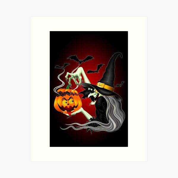 Witch with Jack O'Lantern and Bats Art Print