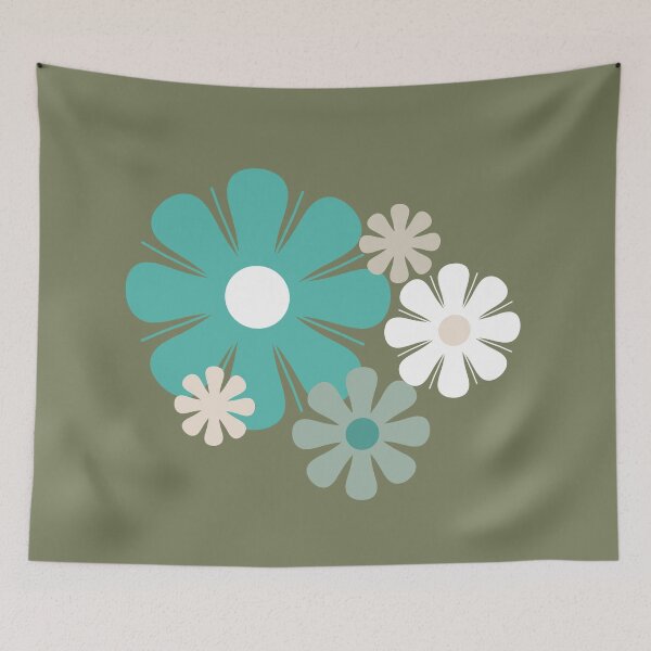 Item preview, Flower Locus Retro 1960s and 70s Floral Pattern in Vintage Olive Green and Celadon Blue designed and sold by kierkegaard.
