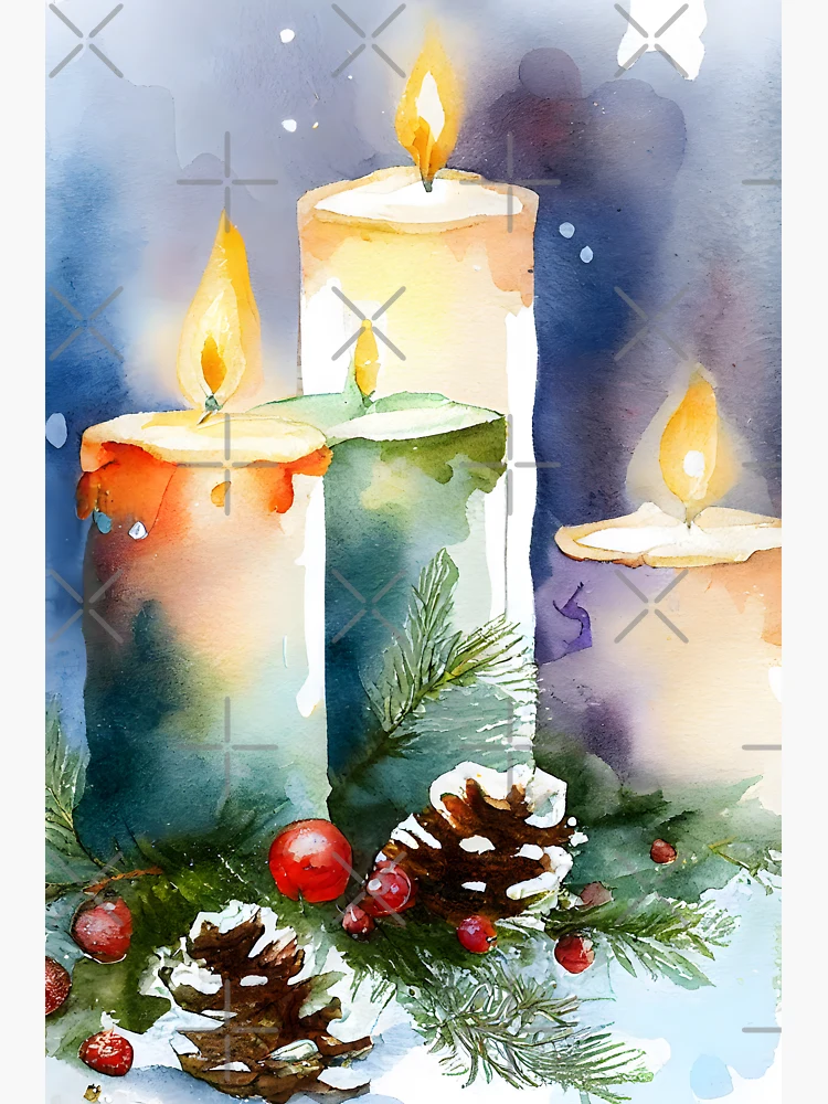 lanterne de noël aquarelle avec bougies, pomme de pin et houx