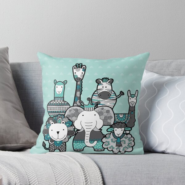 Doodle Animal Friends Aqua and Grey Throw Pillow