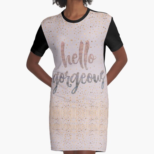 Hello Gorgeous Lilac Periwinkle Rose Gold Confetti Graphic T-Shirt Dress