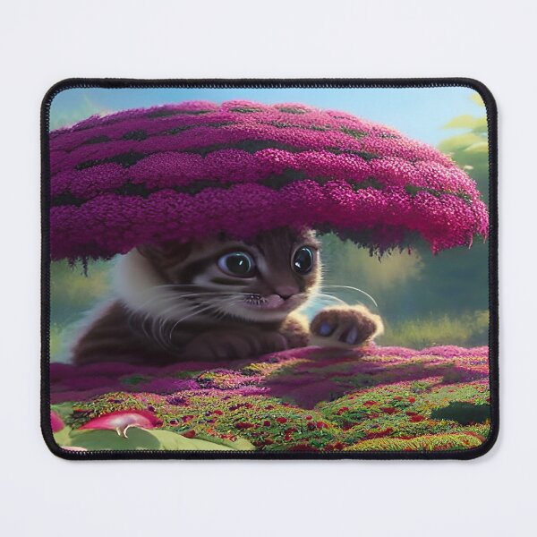 Item preview, Kitten Black and White with Big Eyes Hiding Under Topiary of Petunias in Botanical Garden with Blue Sky and Clouds designed and sold by deniselynnimage.