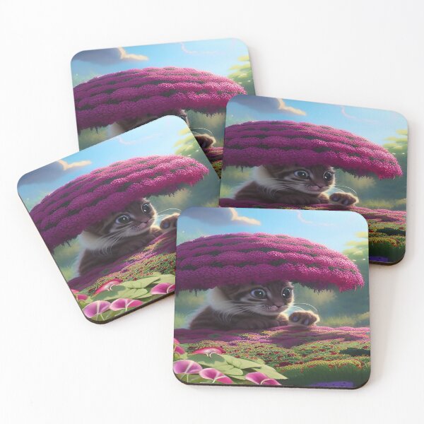 Item preview, Kitten Black and White with Big Eyes Hiding Under Topiary of Petunias in Botanical Garden with Blue Sky and Clouds designed and sold by deniselynnimage.