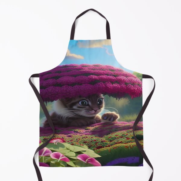 Item preview, Kitten Black and White with Big Eyes Hiding Under Topiary of Petunias in Botanical Garden with Blue Sky and Clouds designed and sold by deniselynnimage.