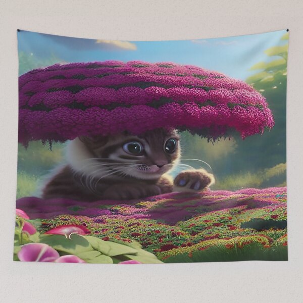 Item preview, Kitten Black and White with Big Eyes Hiding Under Topiary of Petunias in Botanical Garden with Blue Sky and Clouds designed and sold by deniselynnimage.