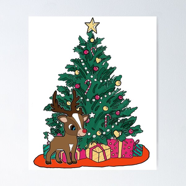 Poster Rudolph mit der roten Nase Rentier mit Hut und Weihnachtskugeln 