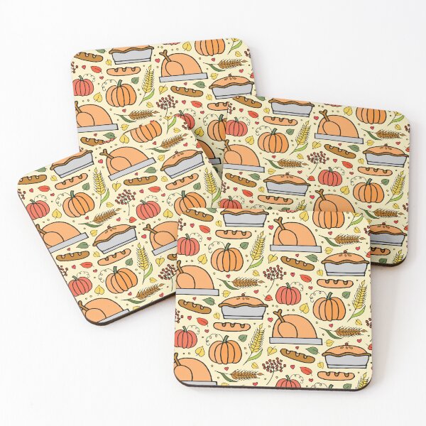 Item preview, Colorful fall-themed Thanksgiving pattern with turkey, pie, pumpkin, bread designed and sold by Madeline Wong.