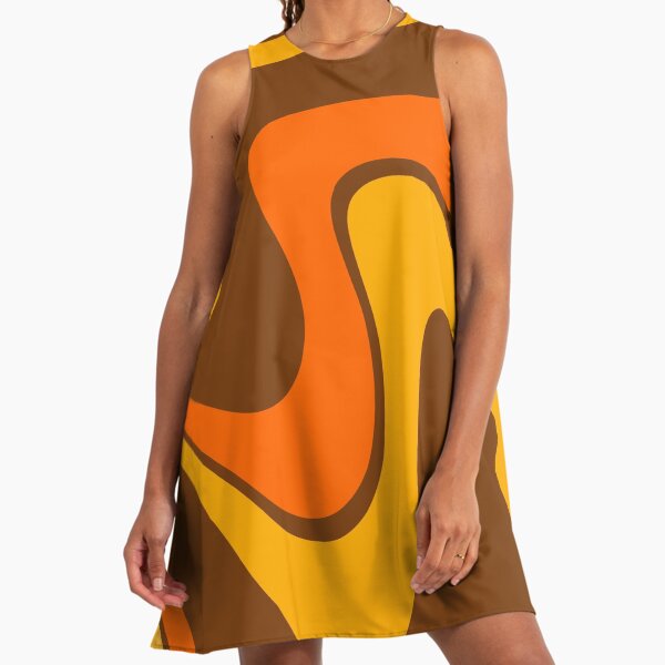 70s Retro Vintage Style Design Orange Yellow And Brown 1970s A-Line Dress 70s Retro Vintage Style Design Orange Yellow And Brown 1970s A-Line Dress