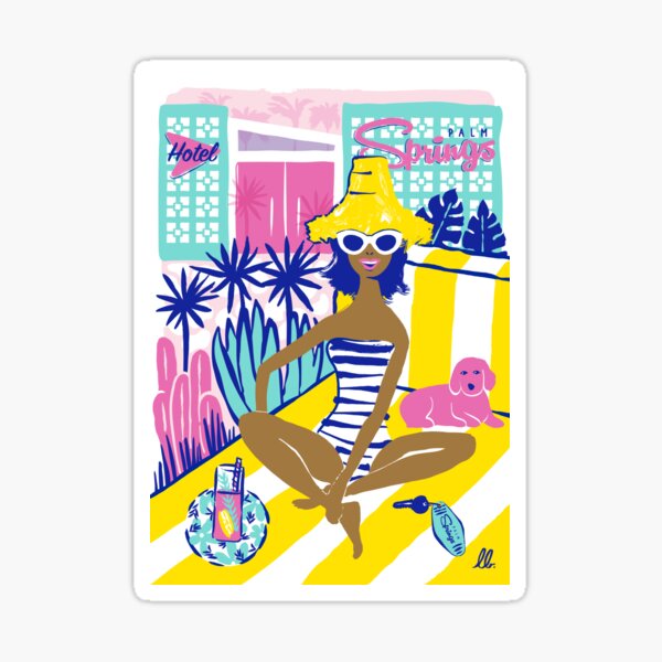 Woman in swimsuit with dog in Palm Springs Sticker