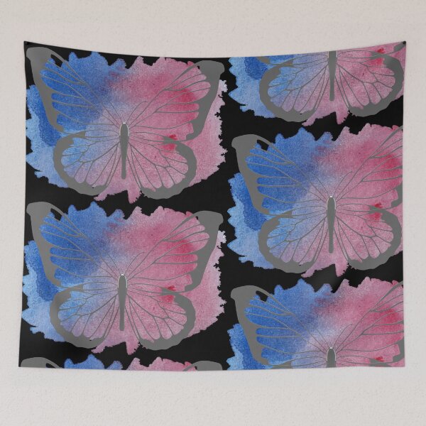 Item preview, Abstract Metallic Silver Flying Butterfly Over Blue And Pink Watercolour Paint Splash. Abstract Design, Funky Image, Minimalist Art. designed and sold by Jason123za.
