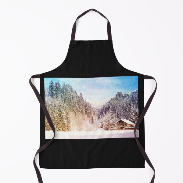 Item preview, Pine forest, snow mountain and a house village, winter season. Beautiful panorama of winter mountains with house and pine trees designed and sold by annamiss.