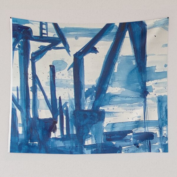 Item preview, Watercolor blue seascape, abstract urbanscape, trees designed and sold by anaozzart.