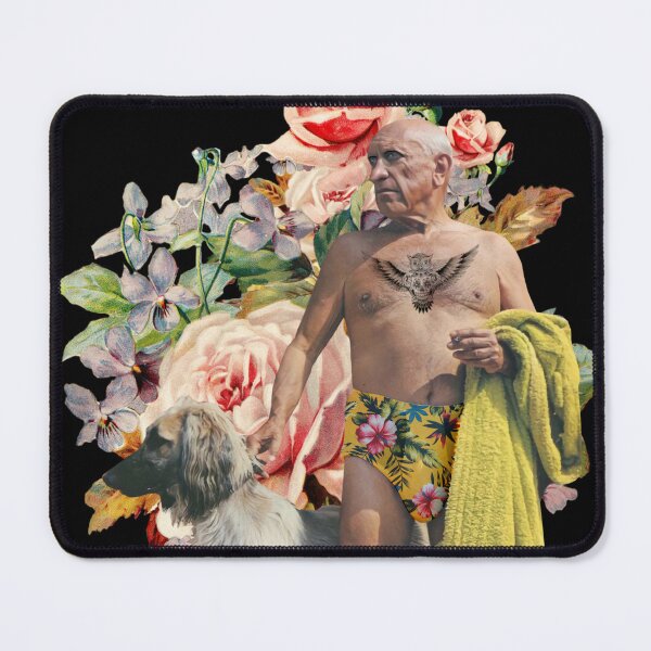 Item preview, Old man in swimming trunks with towel, dog, tattoo and flowers designed and sold by KALEIDOSCOPE UK.
