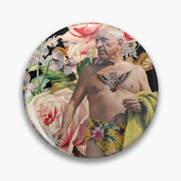 Item preview, Old man in swimming trunks with towel, dog, tattoo and flowers designed and sold by KALEIDOSCOPE UK.
