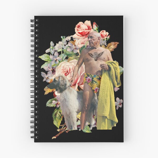 Item preview, Old man in swimming trunks with towel, dog, tattoo and flowers designed and sold by KALEIDOSCOPE UK.