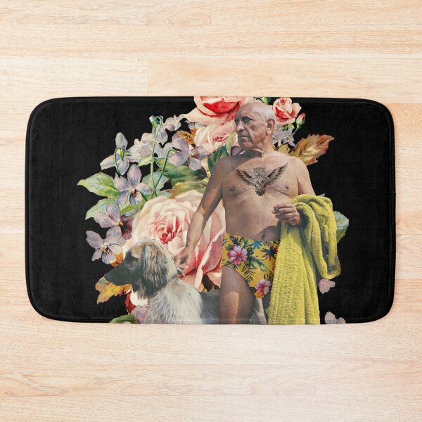 Item preview, Old man in swimming trunks with towel, dog, tattoo and flowers designed and sold by KALEIDOSCOPE UK.
