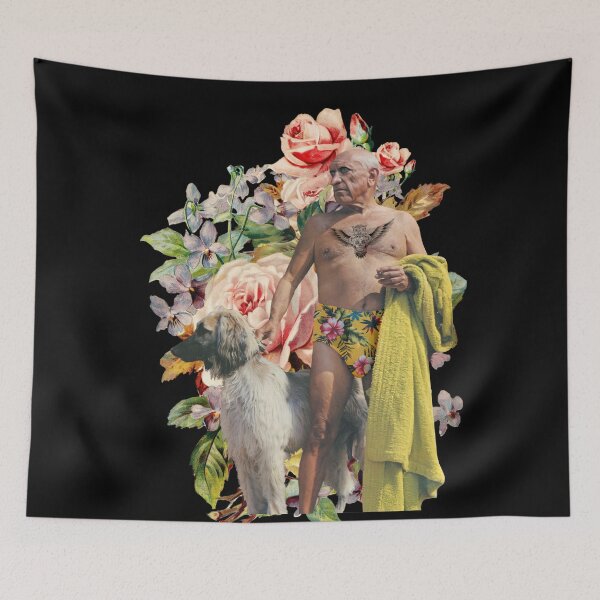 Item preview, Old man in swimming trunks with towel, dog, tattoo and flowers designed and sold by KALEIDOSCOPE UK.