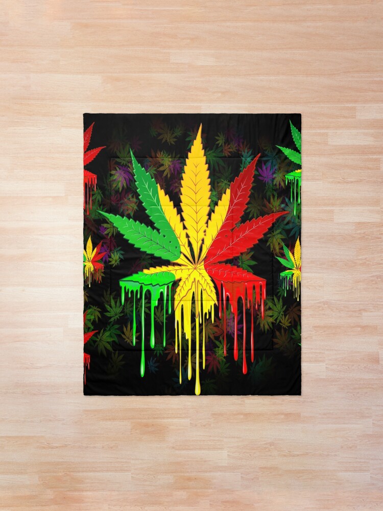 Alternate view of Marijuana Leaf Rasta Colors Dripping Paint Comforter