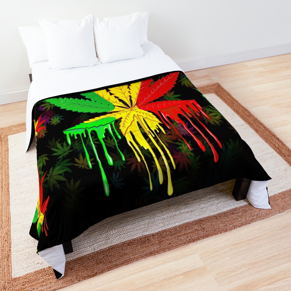Marijuana Leaf Rasta Colors Dripping Paint Comforter